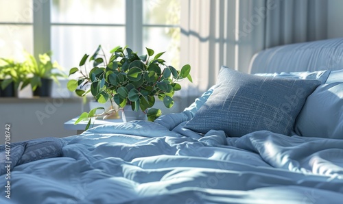 Obraz na płótnie Cozy Bedroom Scene With Plant And Blue Bedding on Windows Background w salonie