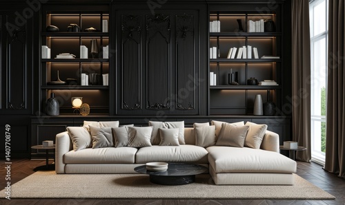 Contemporary Living Room with Dark Wood Paneling and Beige Sofa