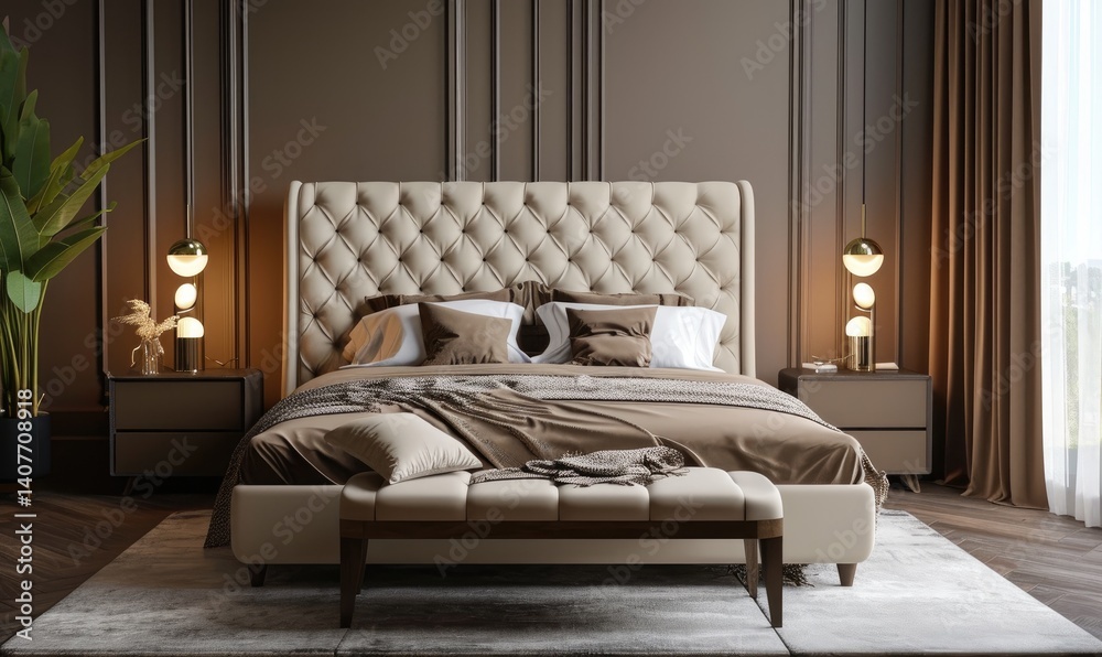 Elegant Beige Upholstered Bedroom Suite With Modern Lamps and a Plush Bench at the Foot.
