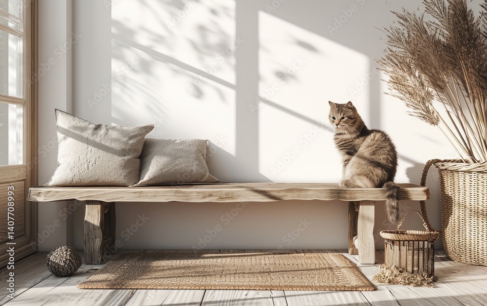 Tabby cat sits on a rustic wooden bench in a sunlit room with natural decor elements.