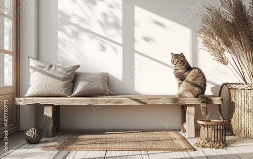 Obraz na płótnie Tabby cat sits on a rustic wooden bench in a sunlit room with natural decor elements. w salonie