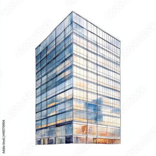 Watercolor Painting of Modern Glass Skyscraper Building