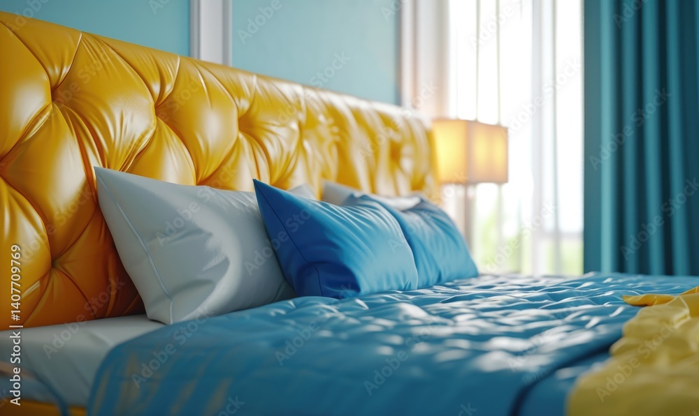 Close up view of a luxurious bedroom featuring a yellow leather headboard and blue bedding.