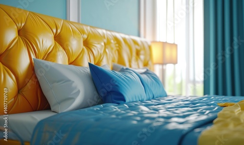 Obraz na płótnie Close up view of a luxurious bedroom featuring a yellow leather headboard and blue bedding. w salonie