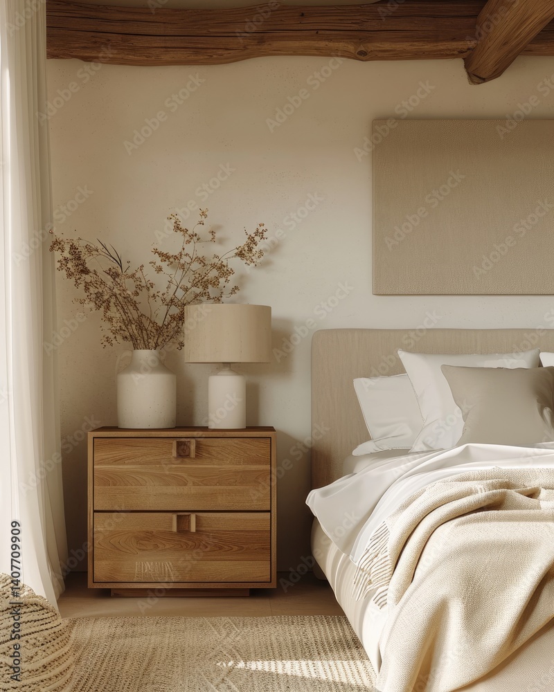 Minimalist Bedroom Decor With Wooden Nightstand And Neutral Tones