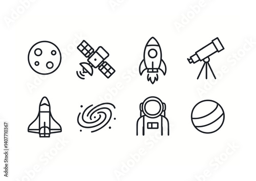 Set of business and management icons in simple black line style.