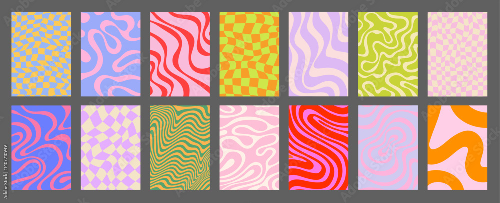 Abstract Geometric Posters Set. Cool Groovy Placards Vector Design. Y2k Trippy Wavy Textures Collection. Playful Funny Covers.