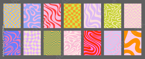 Abstract Geometric Posters Set. Cool Groovy Placards Vector Design. Y2k Trippy Wavy Textures Collection. Playful Funny Covers.