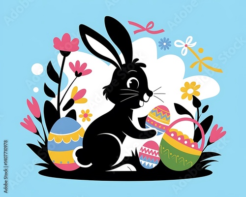 Easter bunny illustration, black silhouette, colorful Easter eggs, spring flowers, pastel colors, textured background, whimsical design, children's book style, cute and playful, 