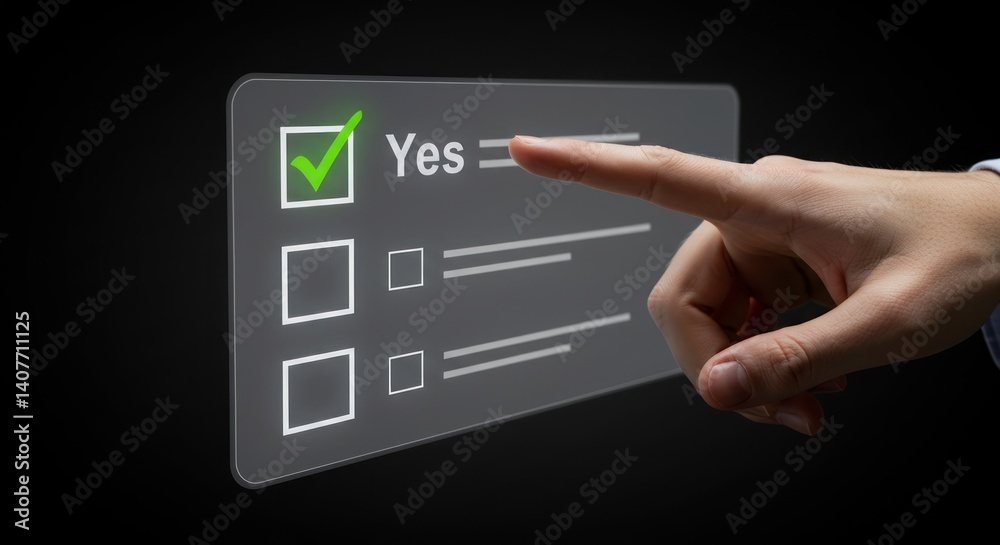 Hand touches green checkmark on screen with yes option; other boxes below. Hand touches green checkmark on screen with yes option; other boxes below.