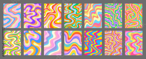 Abstract Geometric Colorful Posters Set. Cool Groovy Placards Vector Design. Y2k Bright Trippy Wavy Textures Collection. Playful Funny Covers.