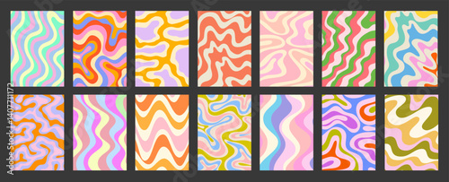 Abstract Geometric Colorful Posters Set. Cool Groovy Placards Vector Design. Y2k Bright Trippy Wavy Textures Collection. Playful Funny Covers.