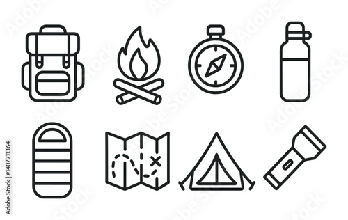 Kitchen utensil icons: pot, spatula, apron, and cutting board line art series.