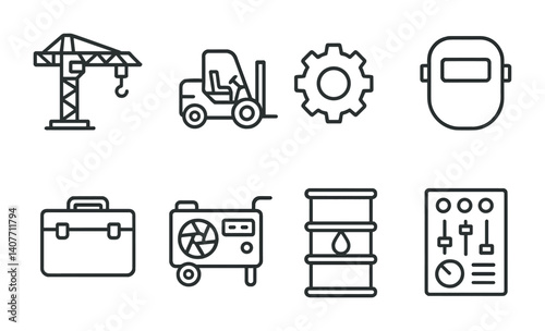 Industrial equipment icons: crane, forklift, gear, welding mask, toolbox, generator, barrel, control panel.