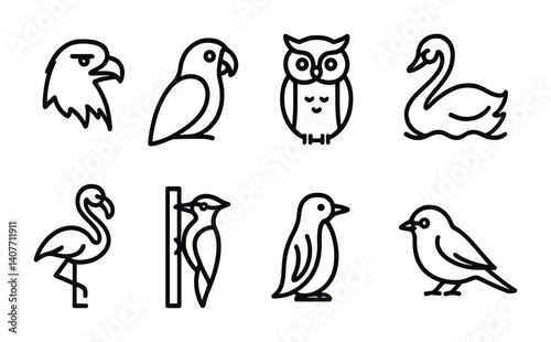Outline illustrations of various birds including eagle, parrot, owl, swan, flamingo, woodpecker, penguin, sparrow.