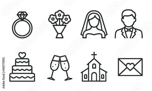 Wedding icon set featuring bride, groom, cake, flowers, ring, church, invitations, toast.