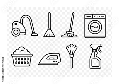 Household cleaning icons: vacuum, broom, mop, washing machine, laundry basket, iron, feather duster, spray bottle.