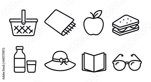 Picnic essentials: basket, blanket, apple, sandwich, bottle, glass, hat, book, sunglasses icons.