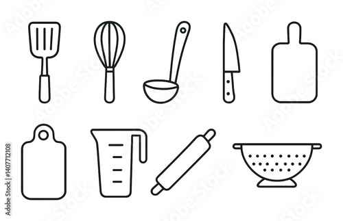Black and white kitchen utensil outline set: spatula, whisk, ladle, knife, cutting board, measuring cup, rolling pin, colander.