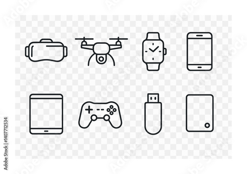 Modern technology icons: vr headset, drone, smartwatch, smartphone, tablet, game controller, usb, ebook reader.