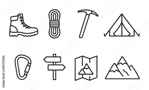 Camping and hiking gear icons: boots, rope, tools, tent, mountains.