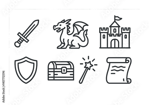 Fantasy elements: sword, dragon, castle, shield, chest, wand, scroll icons.