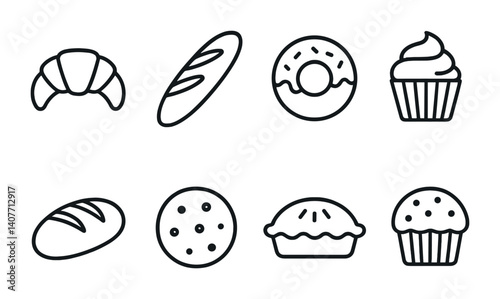 Assorted bakery icons: croissant, baguette, donut, cupcake, bread, cookie, pie, muffin.