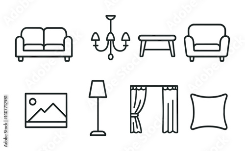 Modern home furniture and decor icons set: sofa, lamp, chandelier, table, curtains, pillow.