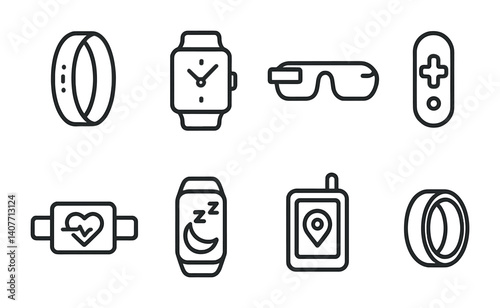 Wearable technology icons: smartwatch, fitness tracker, vr glasses, gaming controller.