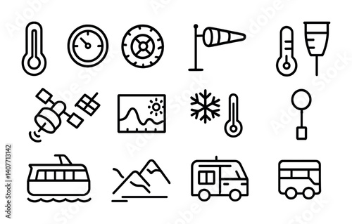 Weather and travel icons: thermometers, compasses, wind socks, and more.