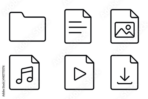 Collection of file and media icons: folder, document, image, music, video, download.