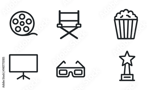 Cinema icons: film reel, director chair, popcorn, screen, 3d glasses, star award.