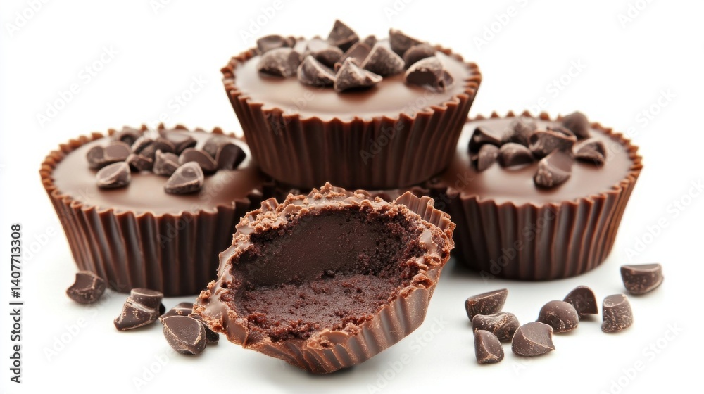 A close-up shot of rich chocolate cupcakes topped with creamy frosting and garnished with chocolate pieces, showcasing a decadent dessert. A close-up shot of rich chocolate cupcakes topped with creamy frosting and garnished with chocolate pieces, showcasing a decadent dessert.