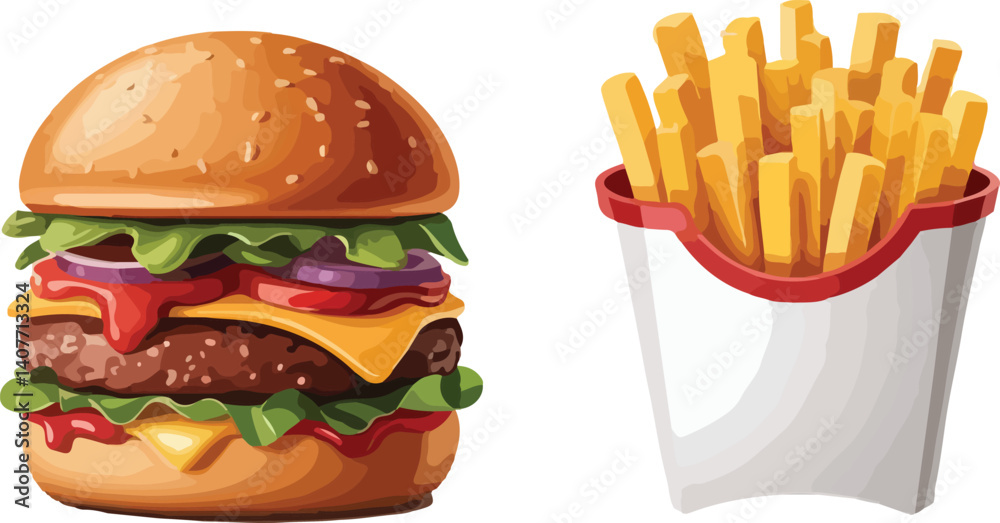  Delicious burger and fries meal, vector illustration for food, fast food, and restaurant-related designs