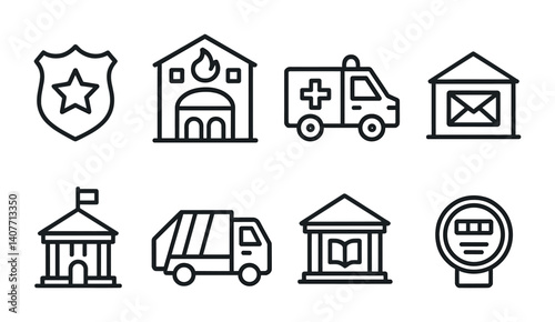 Set of minimalist icons for emergency and public services.