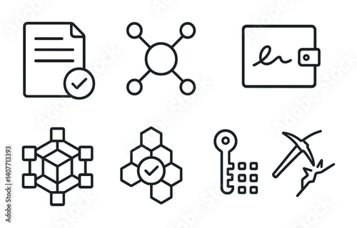 Blockchain and cryptography icons: network, security, mining, and digital transactions.