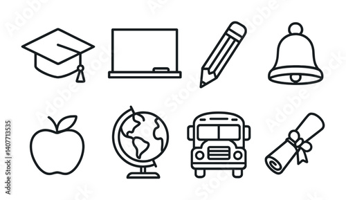 School icons: graduation cap, blackboard, pencil, bell, apple, globe, bus, diploma.