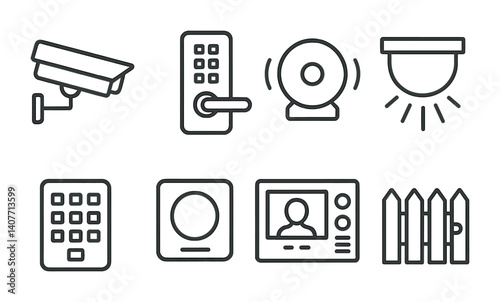Home security icons collection: cctv, alarm, keypad, camera, intercom, fence.