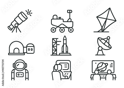 Space exploration icons: telescope, rover, kite, dome, rocket, antenna, astronaut, console, monitor.