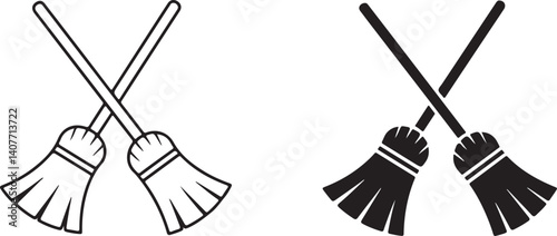  Black and white silhouettes of crossed brooms, vector illustration for cleaning, household, and maintenance designs