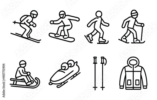 Outline icons of winter sports activities and equipment.