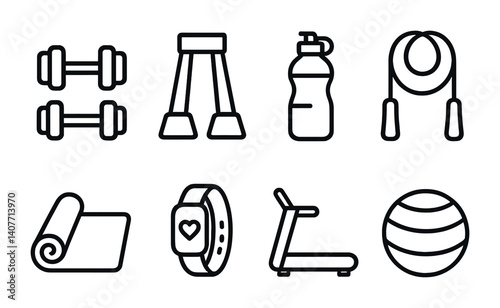Fitness equipment icons: dumbbells, water bottle, skipping rope, yoga mat, heart rate monitor, treadmill, exercise ball.