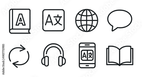 Language and translation icons set including book, globe, and headphones.