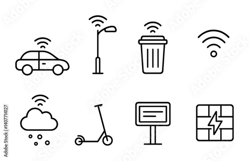 Smart city icons featuring internet-connected car, streetlight, trash bin, wi-fi, cloud, scooter, sign, and power grid.