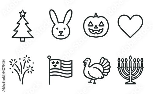 Holiday icons: christmas, easter, halloween, valentine's, independence day, thanksgiving, hanukkah.