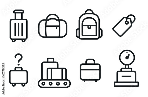 Luggage and travel icons set featuring suitcase, backpack, tag, scale.