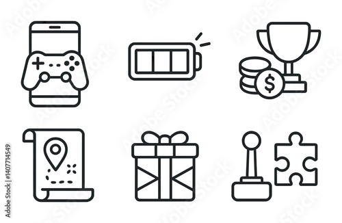 Outline icons of mobile gaming, battery, trophy, map, gift, joystick, and puzzle.
