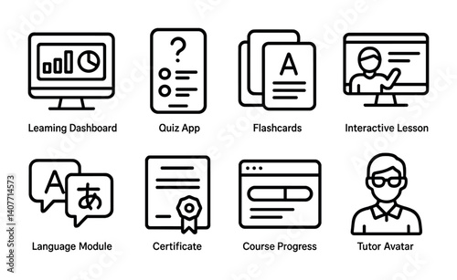 Online education icons set: dashboard, quiz, flashcards, interactive lesson, language module, certificate.