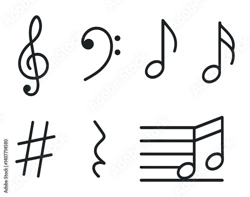 Musical symbols: treble clef, bass clef, music notes, sharp, musical rest, staff.