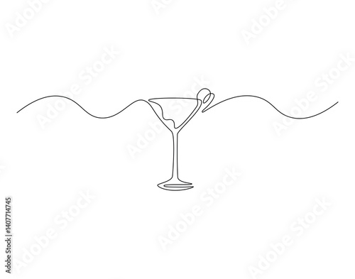 Martini glass outline drawing illustration. Continuous line draw of alcoholic drink vector.